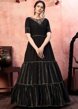 Black Art Silk Tiered Style Embroidered Gown