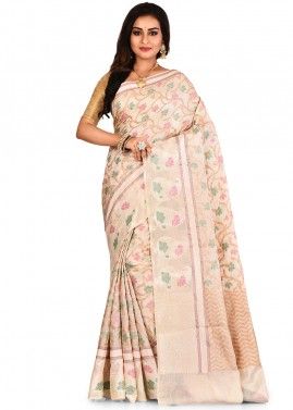Cream Pure Banarasi Silk Woven Saree