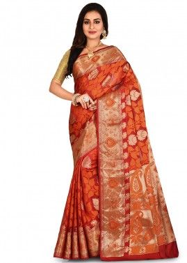 Orange Woven Pure Banarasi Silk Saree