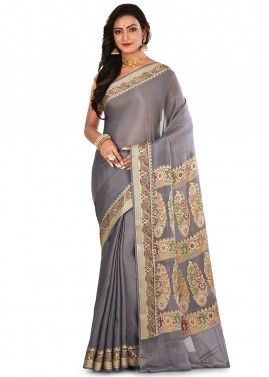 Grey Pure Banarasi Silk Woven Saree 