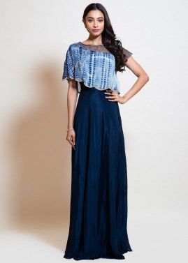 Navy Blue Tie Dye Printed Cape Style Gown
