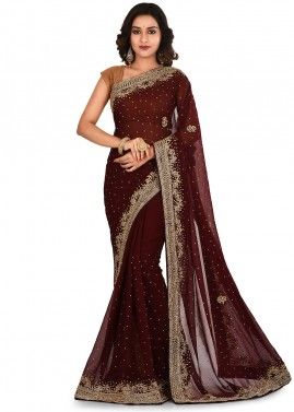 Brown Embroidered Georgette Saree With Blouse