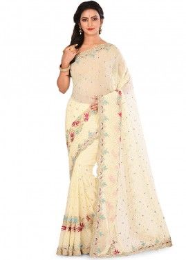Cream Georgette Embroidered Saree With Blouse