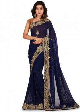 Navy Blue Georgette Embroidered Saree With Blouse