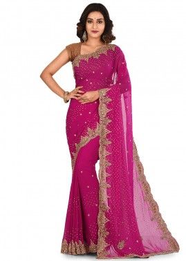 Magenta Embroidered Georgette Saree With Blouse