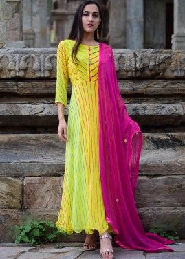 Yellow Printed Flared Kameez With Dupatta