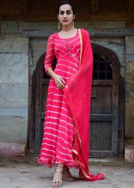 Red Printed Flared Kameez With Dupatta