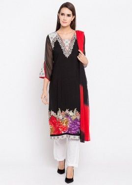 Black Embroidered Readymade Cotton Pant Suit