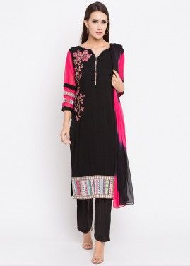 Black Readymade Embroidered Cotton Pant Suit