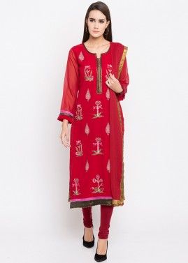 Red Embroidered Readymade Georgette Salwar Suit