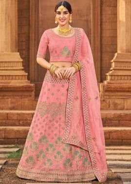 Pink Satin Lehenga Choli In Zari Embroidery