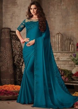 Blue Embroidered Art Silk Saree With Blouse