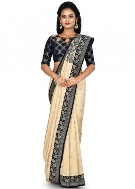 Cream Woven Banarasi Silk Saree With Blouse