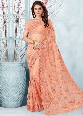 Embroidered Peach Saree With Blouse