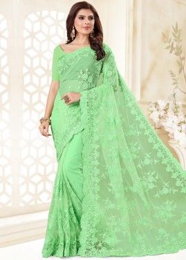 Embroidered Green Saree With Blouse