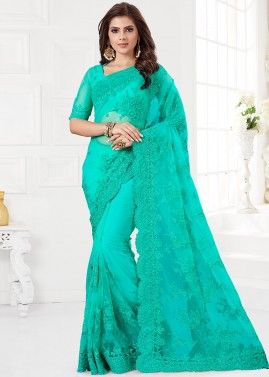 Embroidered Turquoise Saree With Blouse