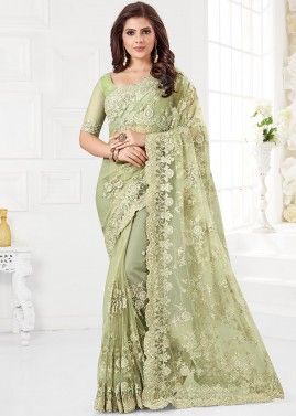 Green Embroidered Saree With Blouse