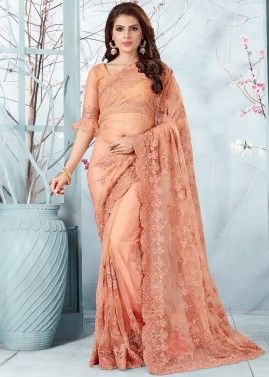 Embroidered Peach Saree With Blouse