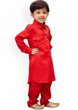 Red Dupion Silk Readymade Kids Pathani Suit