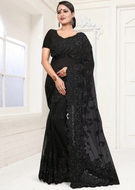 Black Embroidered Net Saree With Blouse