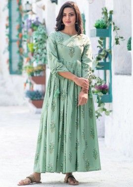 Green Readymade Floral Printed Cotton Flared Dress