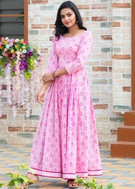 Pink Printed Readymade Cotton Indo Western Dress