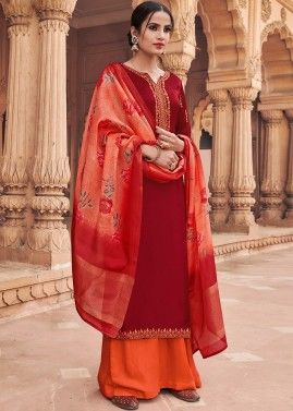 Maroon Embroidered Georgette Palazzo Suit