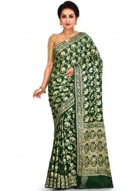 Woven Pure Silk Green Saree With Blouse