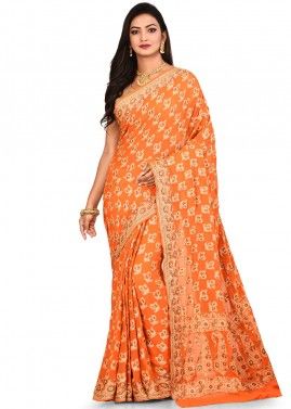 Woven Pure Silk Orange Saree With Blouse