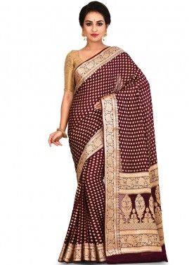 Woven Pure Silk Brown Saree With Blouse
