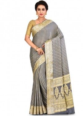 Grey Pure Silk Woven Saree With Blouse