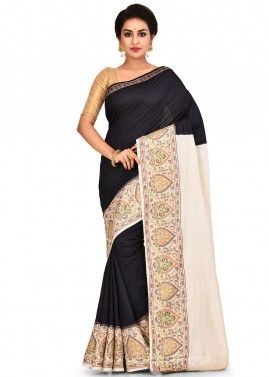 Cream and Black Pure Silk Woven Saree With Blouse