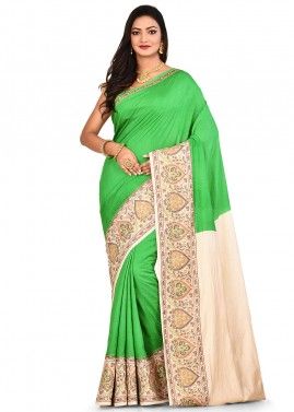 Green and Cream Woven Pure Silk Saree With Blouse