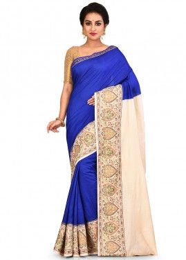 Blue and Cream Woven Pure Silk Saree With Blouse