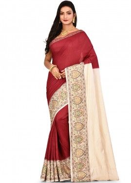 Cream and Maroon Pure Silk Woven Saree With Blouse