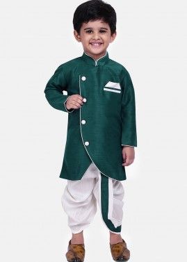 Green Readymade Solid Dhoti Kurta For Kids