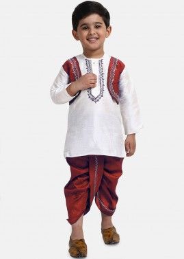 Embroidered White Readymade Dhoti Kurta For Kids