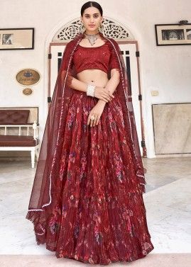 Red Organza Floral Print Pleated Lehenga With Dupatta