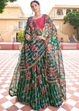 Green Embroidered Floral Printed Lehenga In Organza