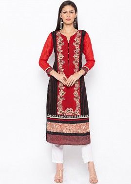 Red and Black Embroidered Long Kurta Pant Set