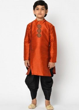 Orange Angrakha Style Side Slit Kids Kurta With Dhoti