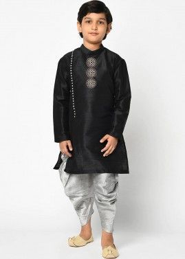 Black Dupion Silk Angrakha Style Kids Kurta Dhoti Set