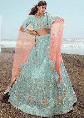 Turquoise Floral Embroidered Lehenga Choli In Georgette