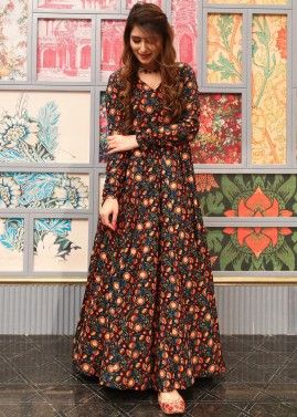 Black Floral Printed Readymade Gown In Cotton 