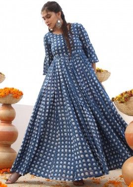 Digital Printed Cotton Readymade Gown In Blue