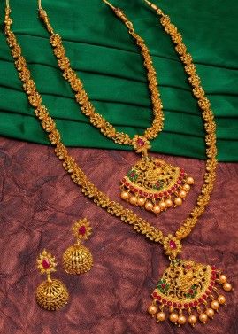 Stone Studded Golden Double Layered Necklace Set