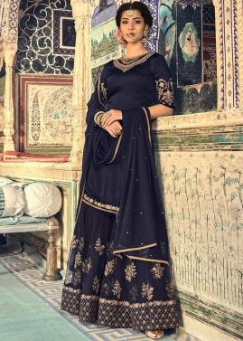 Navy Blue Straight Cut Embroidered Sharara Suit