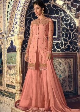 Coral Peach Front Slit Embroidered Sharara Suit