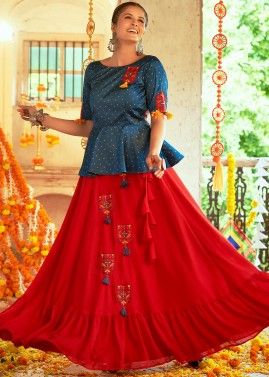 Red Embroidered Navratri Tiered Lehenga Set In Silk