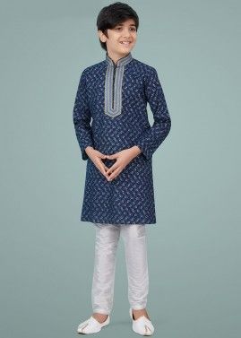 Blue Printed Kids Kurta Pajama In Cotton